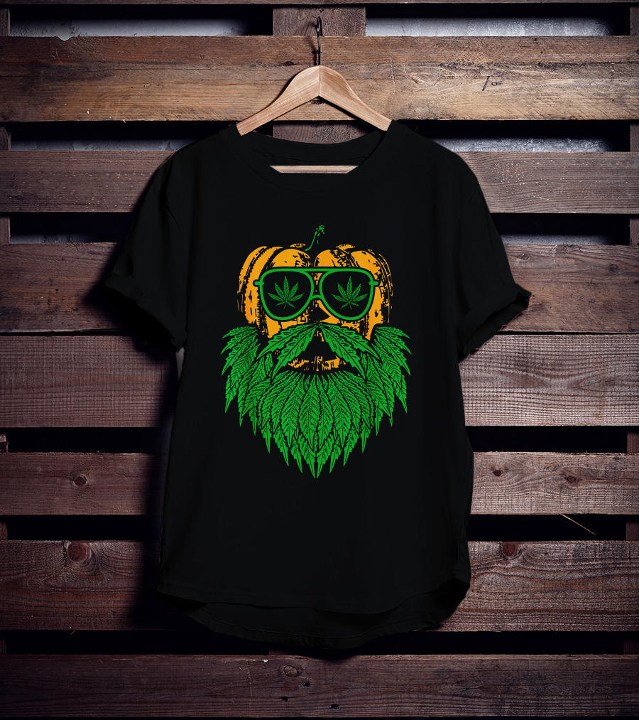 Weed Leaf Bearded Pumpkin With Sunglasses Costume Cool T-Shirt