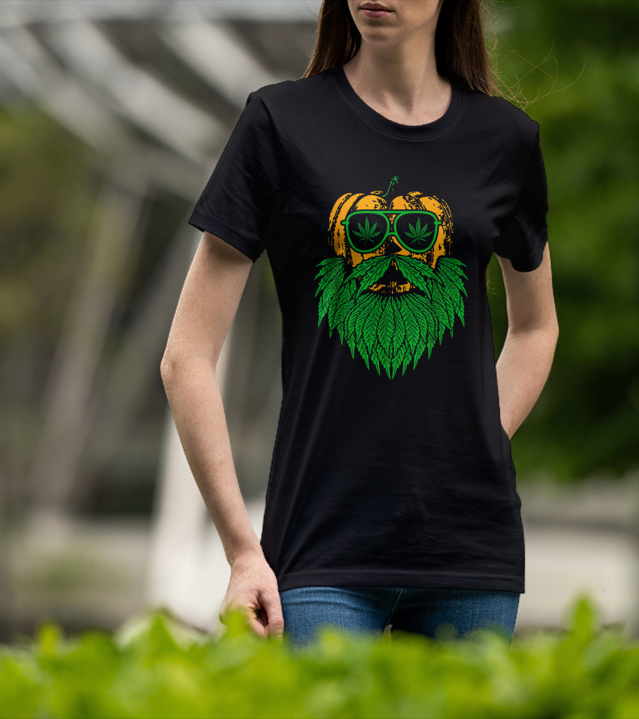 Weed Leaf Bearded Pumpkin With Sunglasses Costume Cool T-Shirt