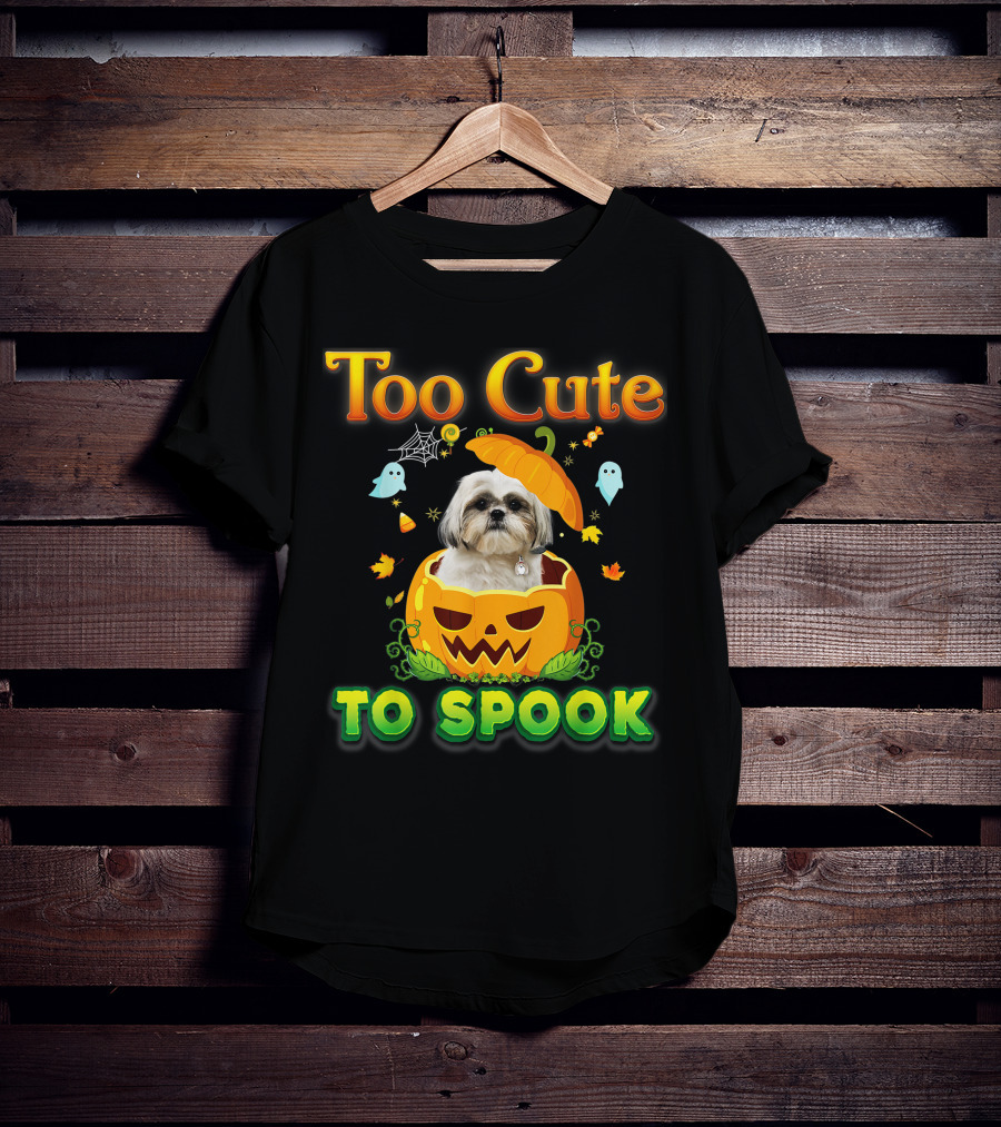 Too Cute To Spook Shih Tzu Dog In Pumpkin Halloween Ghost Leaves T-Shirt