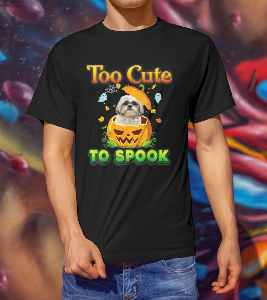 Too Cute To Spook Shih Tzu Dog In Pumpkin Halloween Ghost Leaves T-Shirt