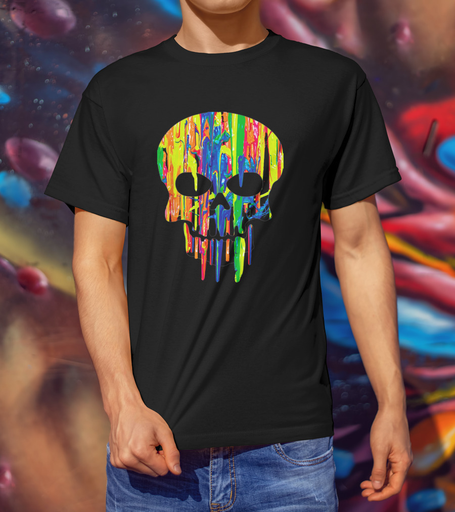 Colorful Melting Skull Cool Neon Drip Skull T-Shirt