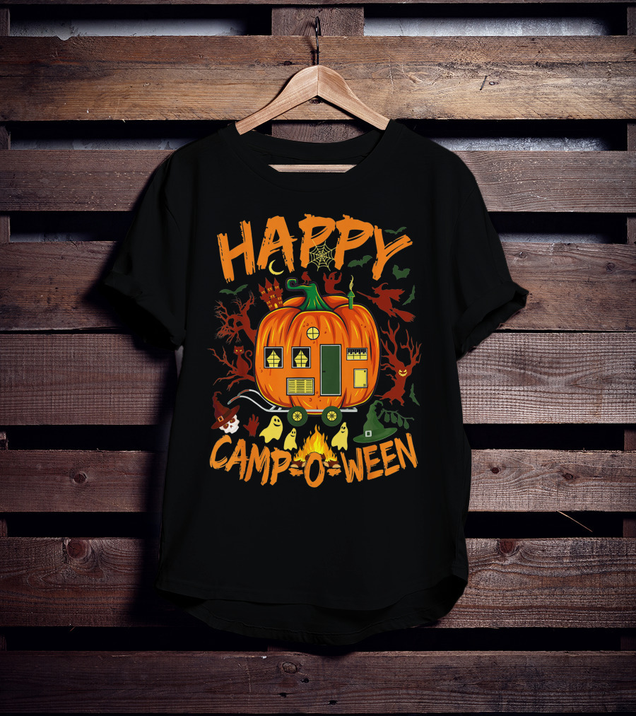 Happy Camp O Ween Funny Halloween Camping Camper Pumpkin Ghosts Witch Hat Spooky Fire T-Shirt