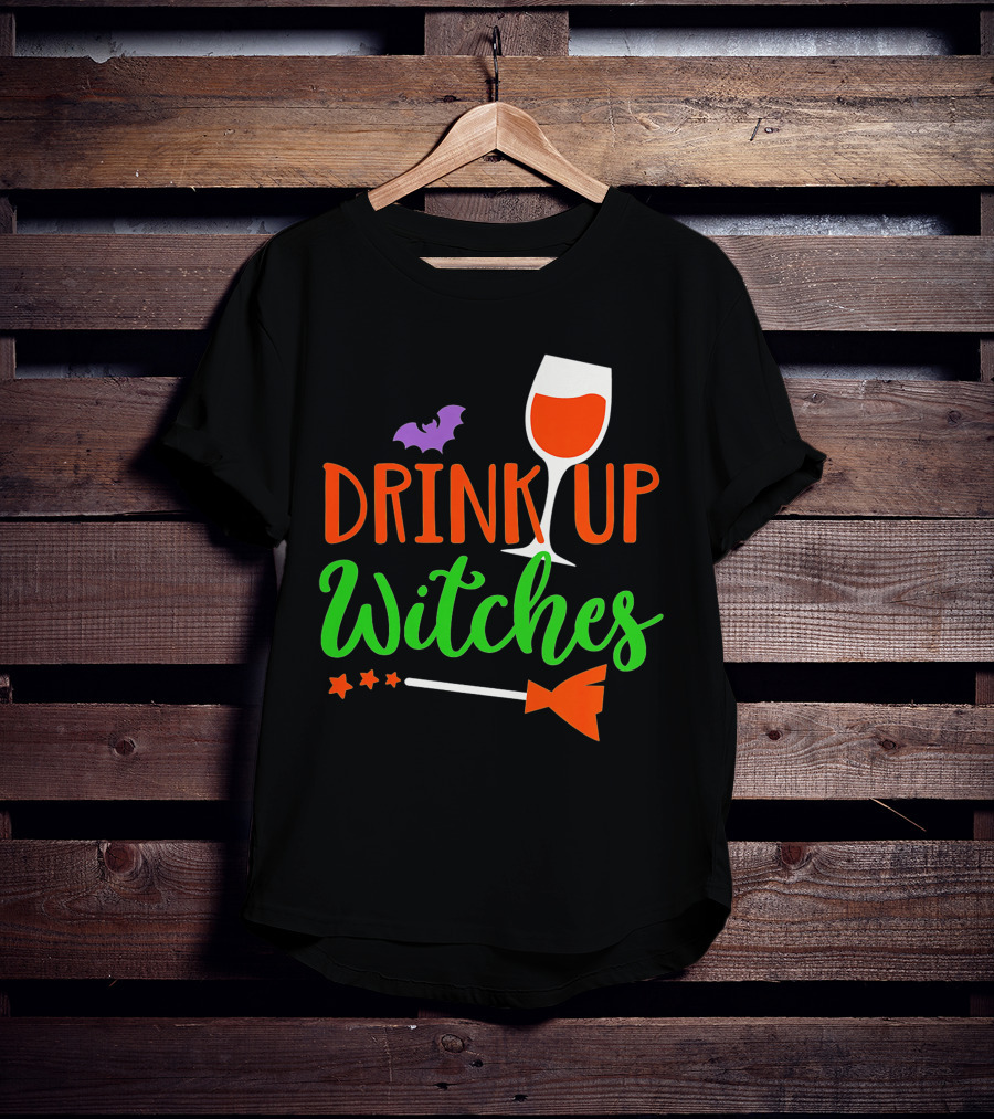 Drink Up Witches Halloween Vintage Family Wine Glass Broomstick Bat T-Shirt
