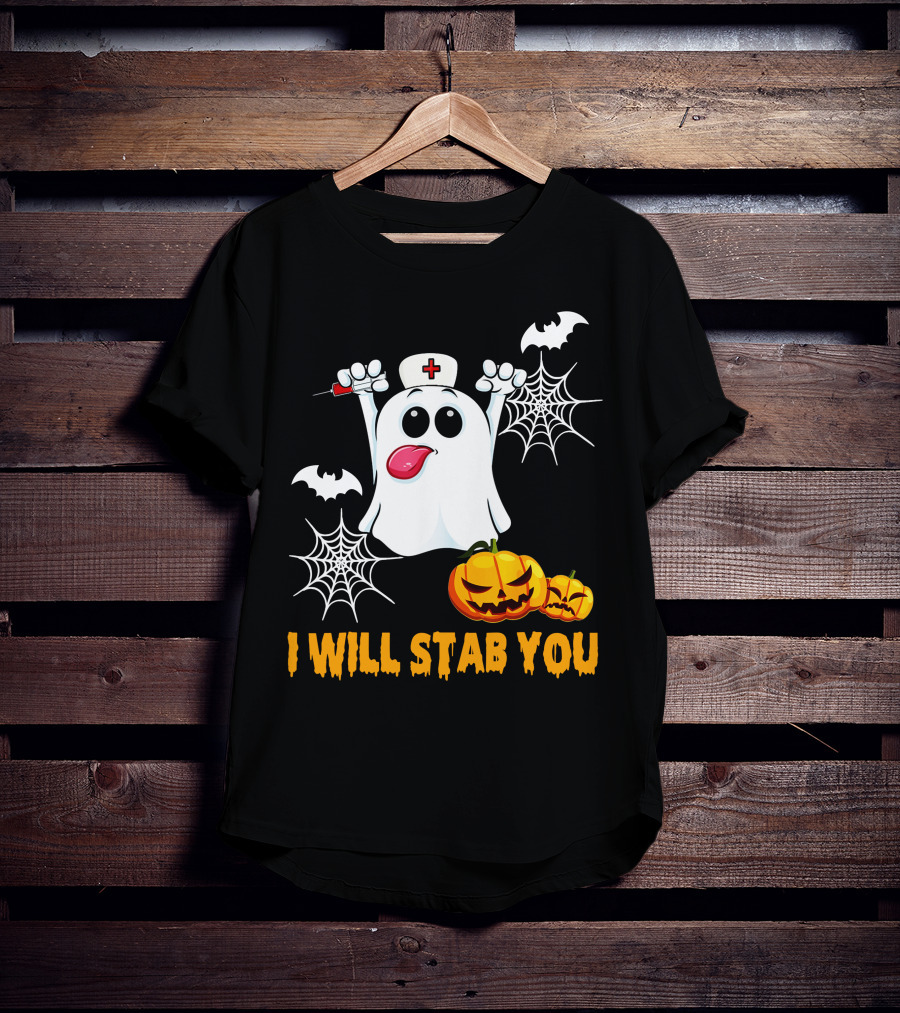 I Will Stab You Funny Nurse Ghost With Pumpkins And Bats T-Shirt