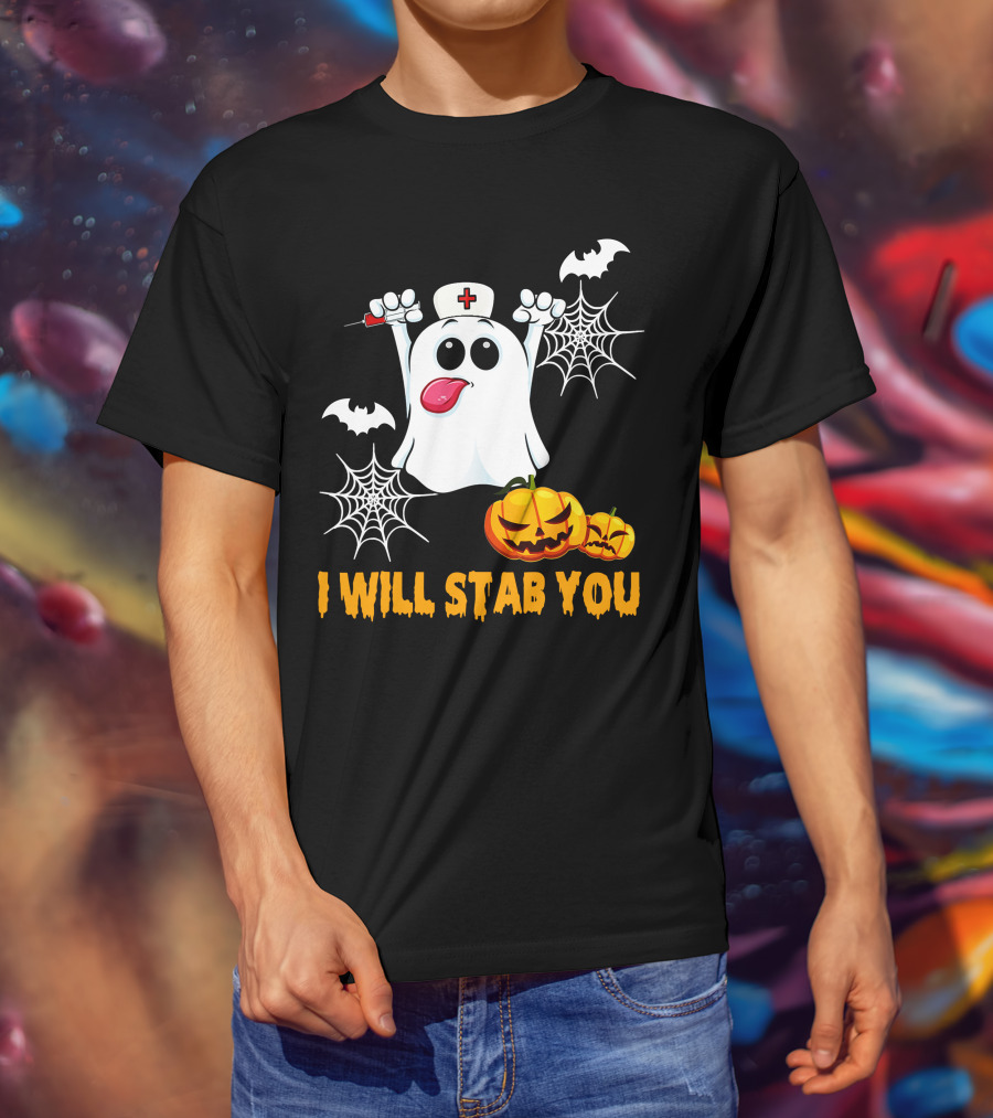 I Will Stab You Funny Nurse Ghost With Pumpkins And Bats T-Shirt