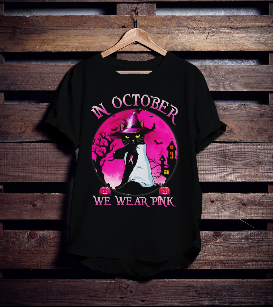 In October We Wear Pink Cat Halloween Pink Ribbon Moon Bats Jack O'Lanterns T-Shirt