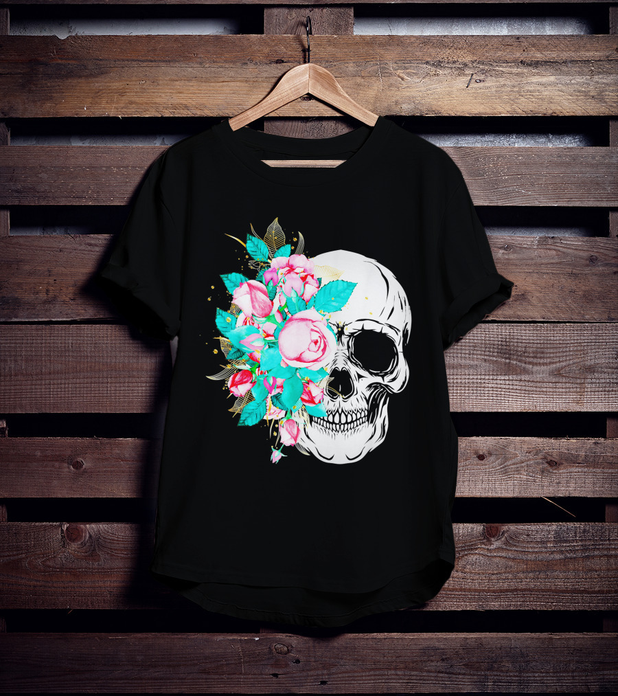 Flower Skull Floral Fusion With Vintage Rose Elements T-Shirt