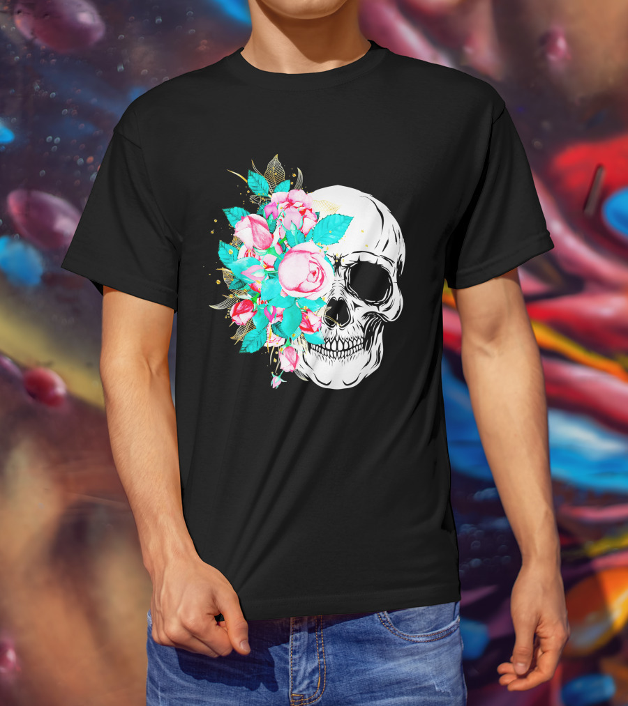 Flower Skull Floral Fusion With Vintage Rose Elements T-Shirt
