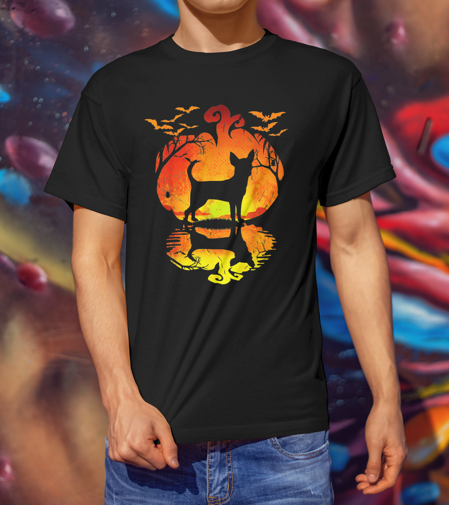 Chihuahua Dog Halloween Pumpkin Reflection With Bats And Trees T-Shirt