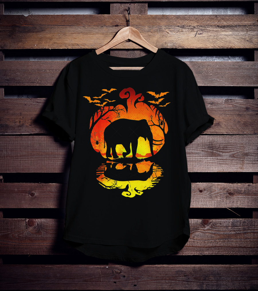 Elephant Silhouette Pumpkin Reflection With Bats And Trees T-Shirt