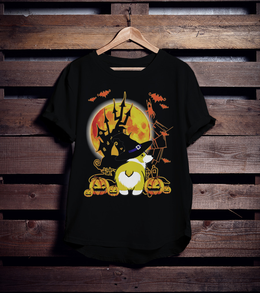 Corgi Dog Lovers Funny Dog Halloween Witch Moon Pumpkins Haunted House Bats T-Shirt