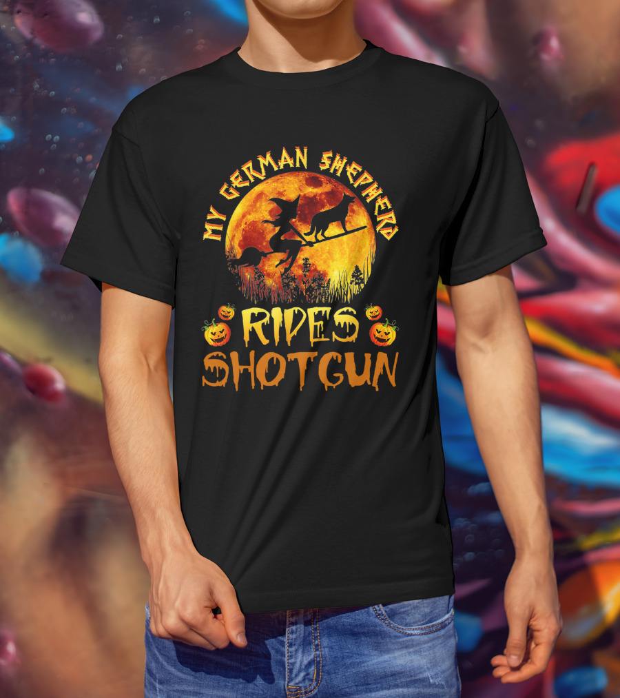 My German Shepherd Rides Shotgun Witch Halloween Pumpkins Moon T-Shirt