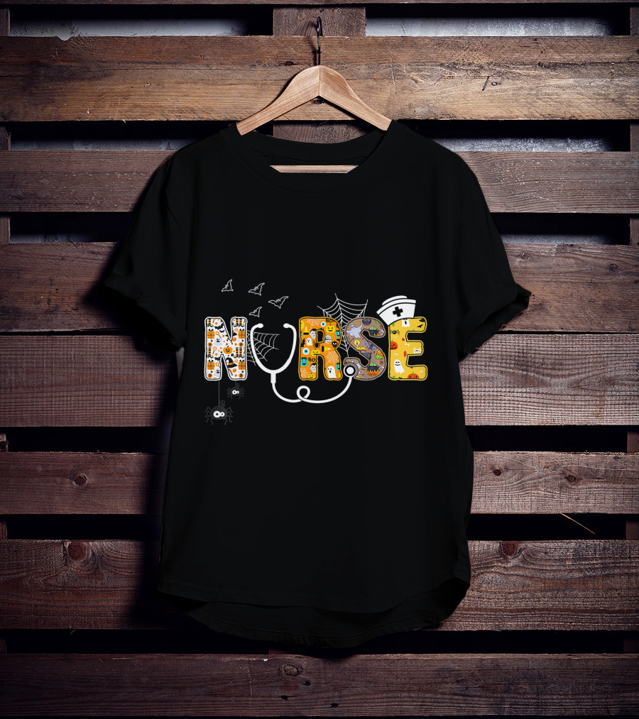 Nurse Halloween Boo Pumpkin Spider Witch Hat Bats Ghosts Cobwebs T-Shirt