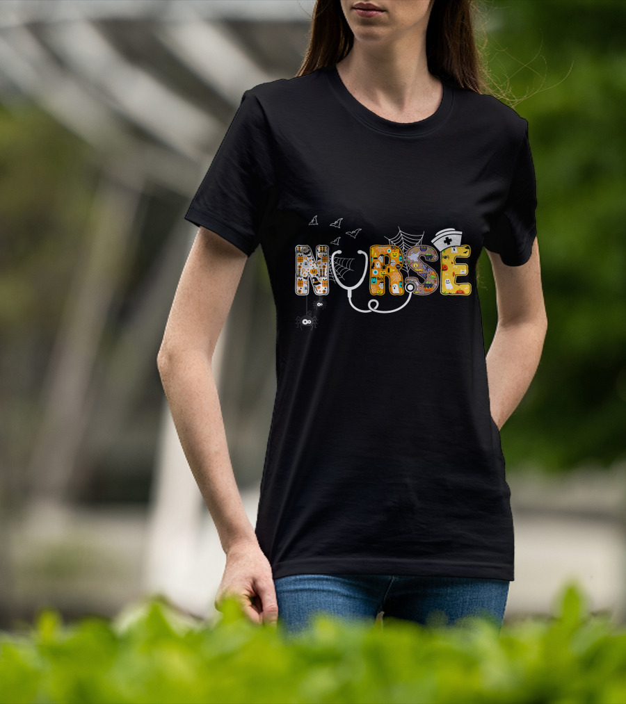 Nurse Halloween Boo Pumpkin Spider Witch Hat Bats Ghosts Cobwebs T-Shirt