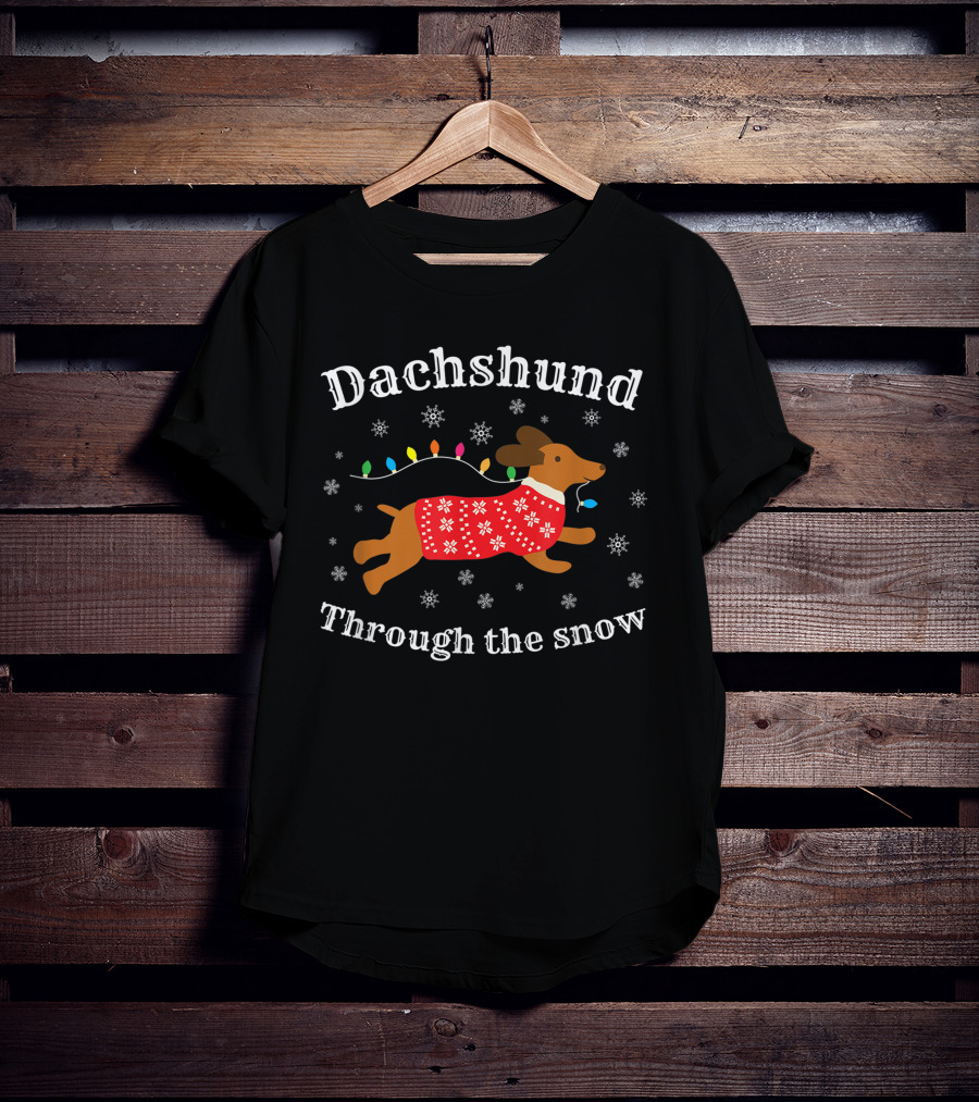 Dachshund Through The Snow Wearing A Festive Sweater With Christmas Lights And Snowflakes T-Shirt