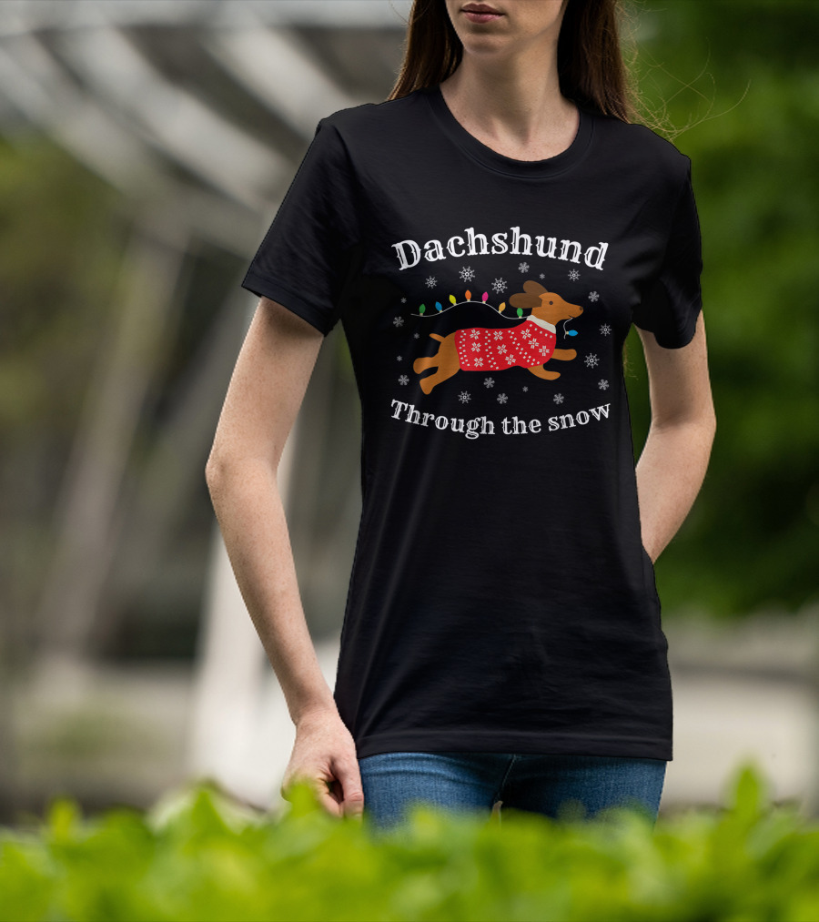 Dachshund Through The Snow Wearing A Festive Sweater With Christmas Lights And Snowflakes T-Shirt