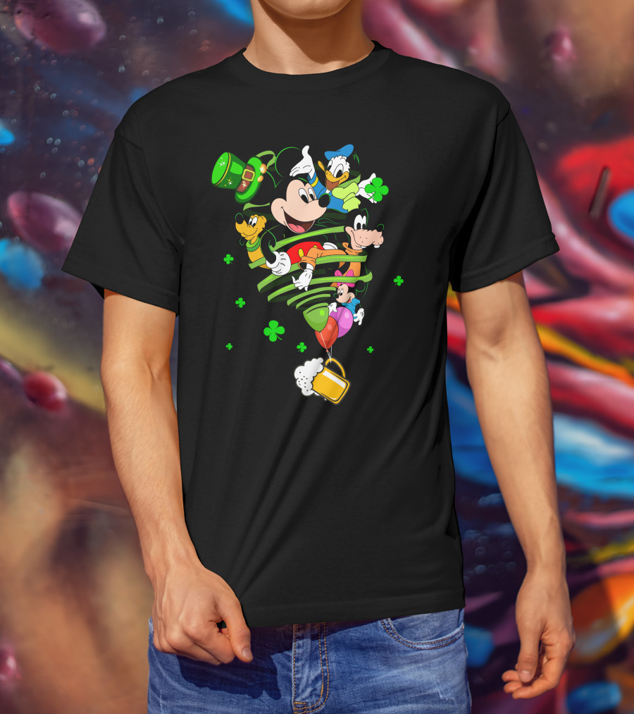 Mickey Mouse Donald Duck Goofy St. Patrick's Day Celebration With Shamrocks And Beer Mug T-Shirt