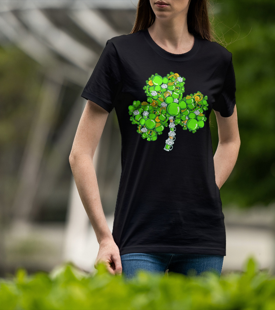 Shamrock Mickey Mouse St. Patrick's Day Beer Mugs And Gold Coins T-Shirt