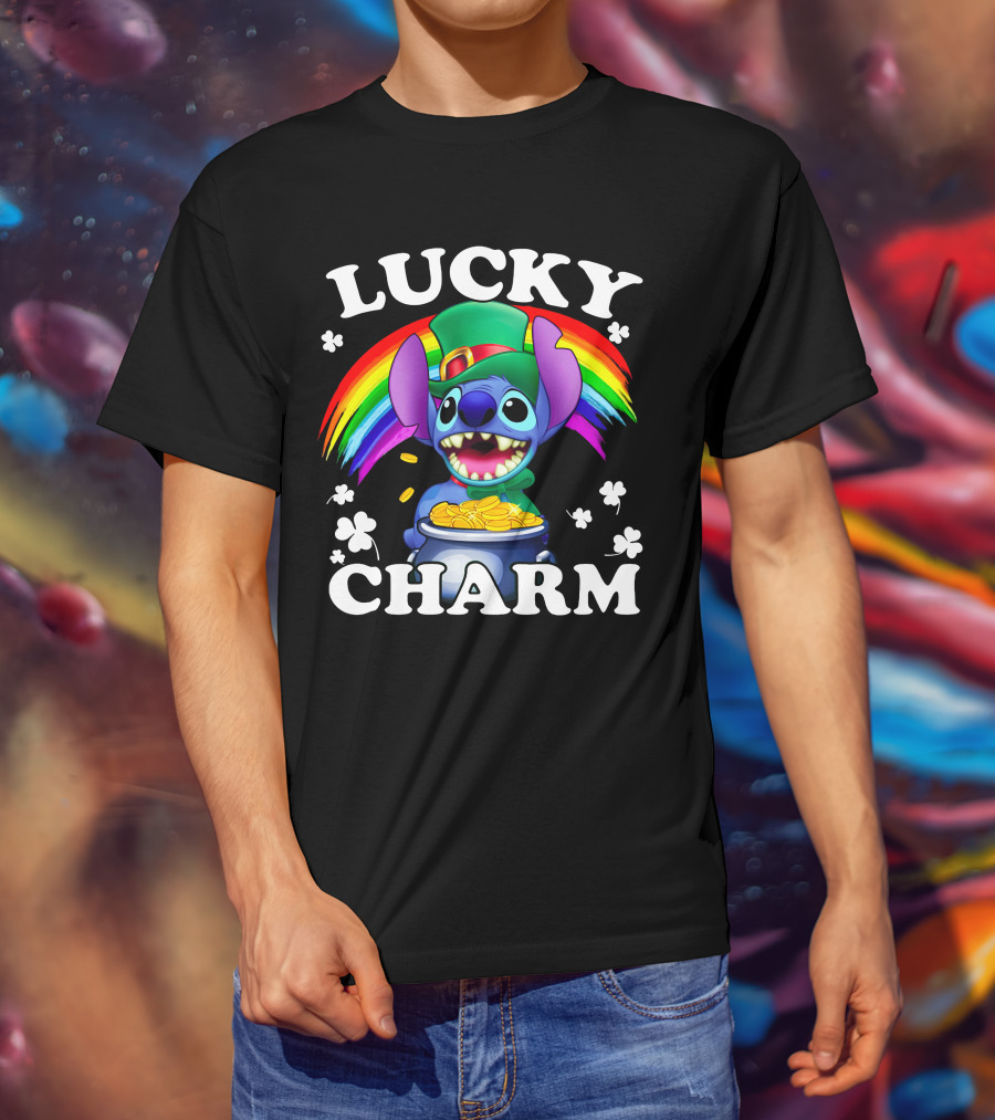 Lucky Charm Stitch Rainbow Gold Coins Shamrocks T-Shirt