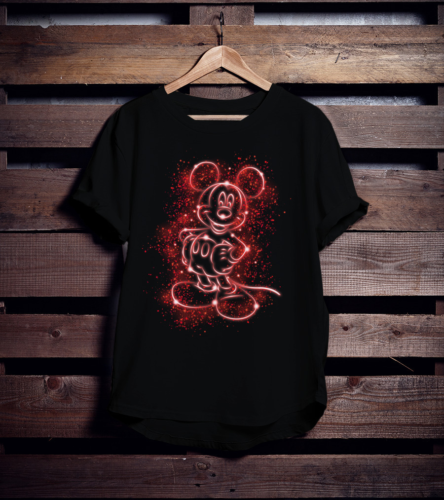 MK Light Neon Mickey Mouse Outline Red Sparkles T-Shirt