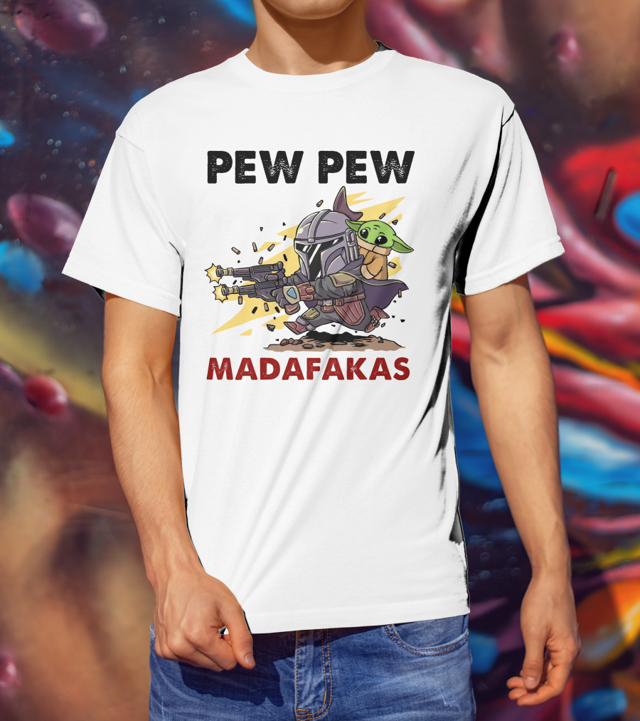 Pew Pew Madafakas Mandalorian Baby Yoda Gun Firing Scene T-Shirt