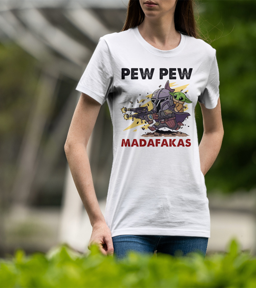 Pew Pew Madafakas Mandalorian Baby Yoda Gun Firing Scene T-Shirt