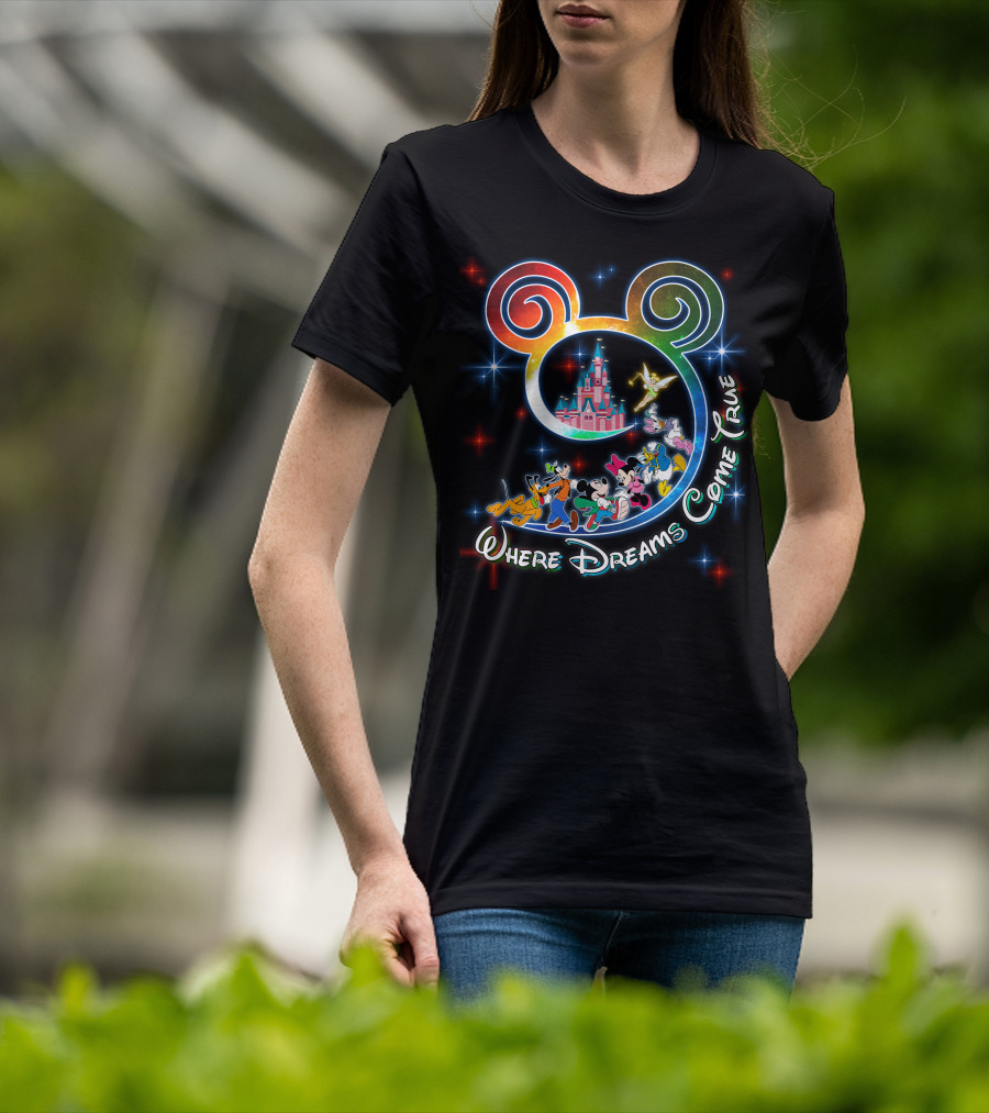 Where Dreams Come True Disney Castle Mickey Minnie Goofy Donald Pluto Tinkerbell T-Shirt