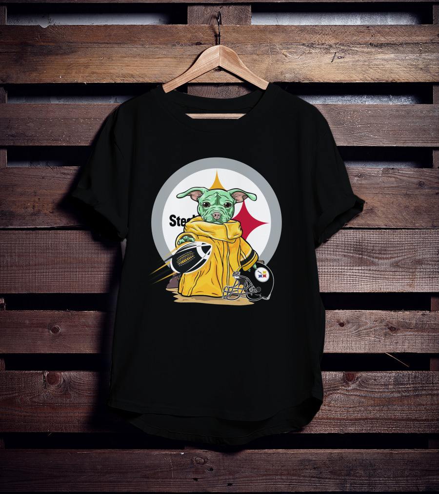 Pitbull Steelers Baby Holding Football With Steelers Logo And Helmet T-Shirt