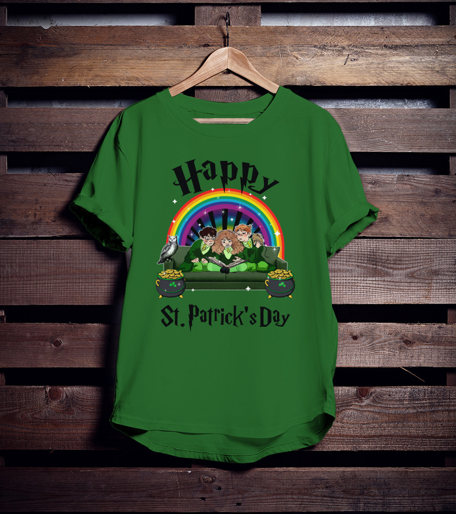 Happy St. Patrick's Day With Rainbow And Green Characters On Couch T-Shirt