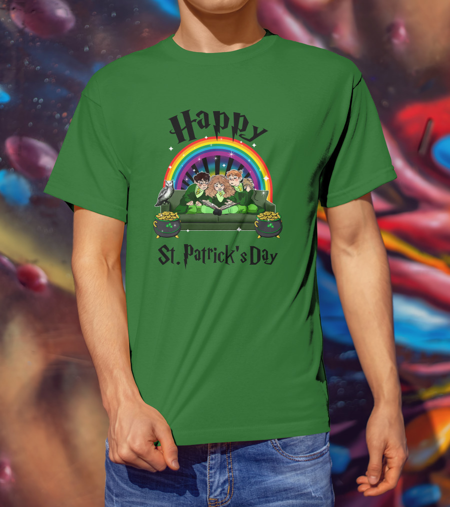 Happy St. Patrick's Day With Rainbow And Green Characters On Couch T-Shirt