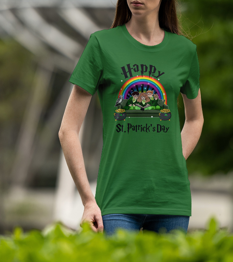 Happy St. Patrick's Day With Rainbow And Green Characters On Couch T-Shirt