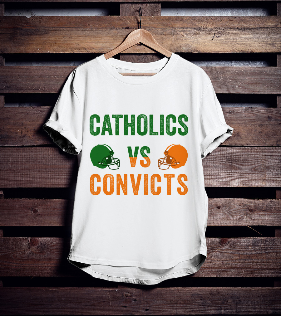 Catholics Vs. Convicts 1988 Football Helmets Rivalry T-Shirt