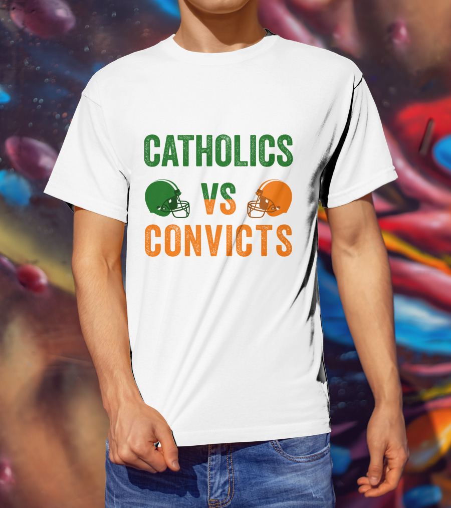 Catholics Vs. Convicts 1988 Football Helmets Rivalry T-Shirt