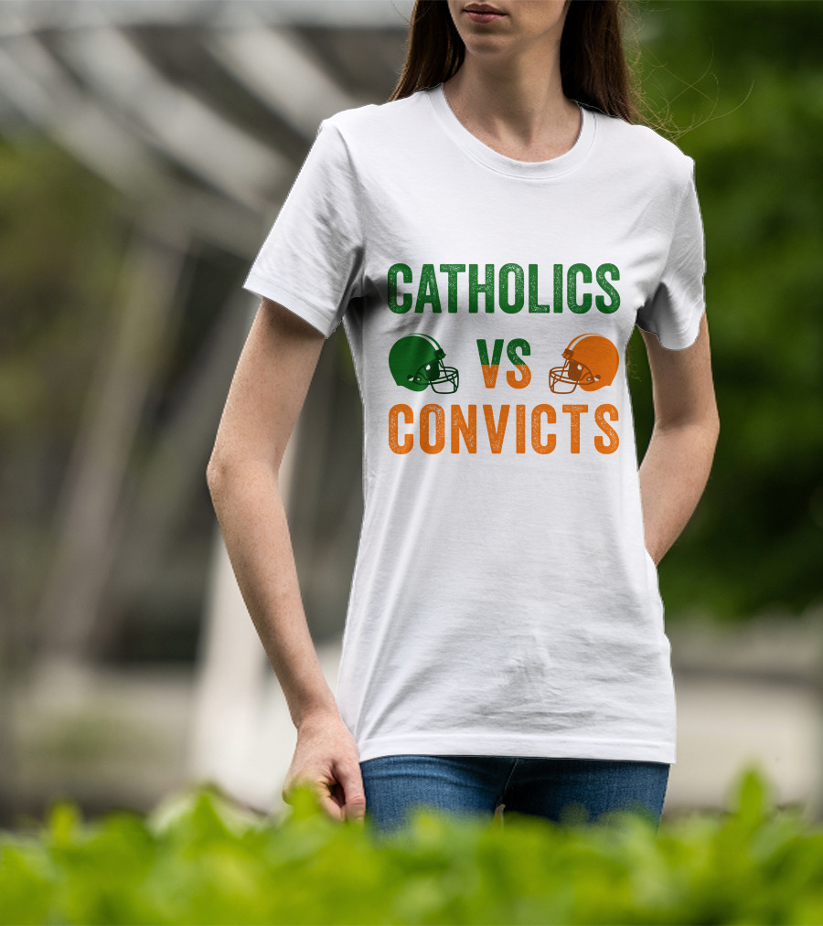 Catholics Vs. Convicts 1988 Football Helmets Rivalry T-Shirt