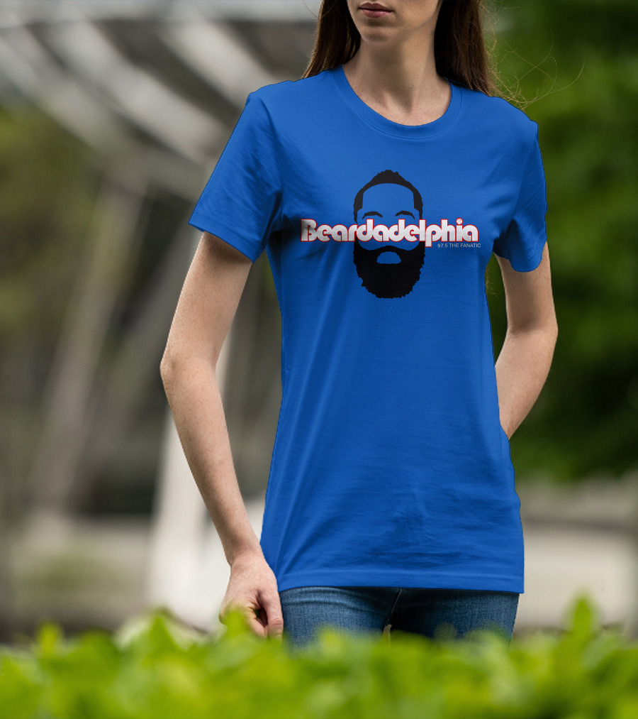 Beardadelphia 97.5 The Fanatic Silhouette Bold Text Blue Background T-Shirt