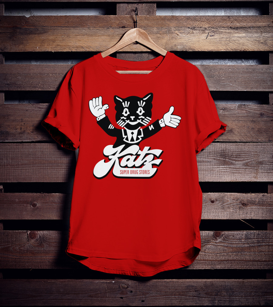 Katz Super Drug Stores Cat Mascot Smiling And Waving In Suit And Tie T-Shirt