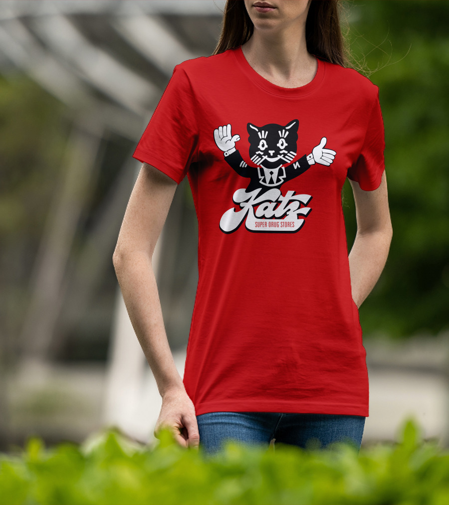 Katz Super Drug Stores Cat Mascot Smiling And Waving In Suit And Tie T-Shirt