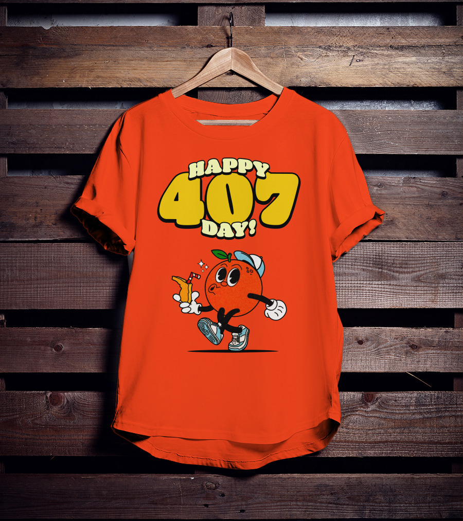 Happy 407 Day Orlando Orange Character With Drink And Sneakers T-Shirt