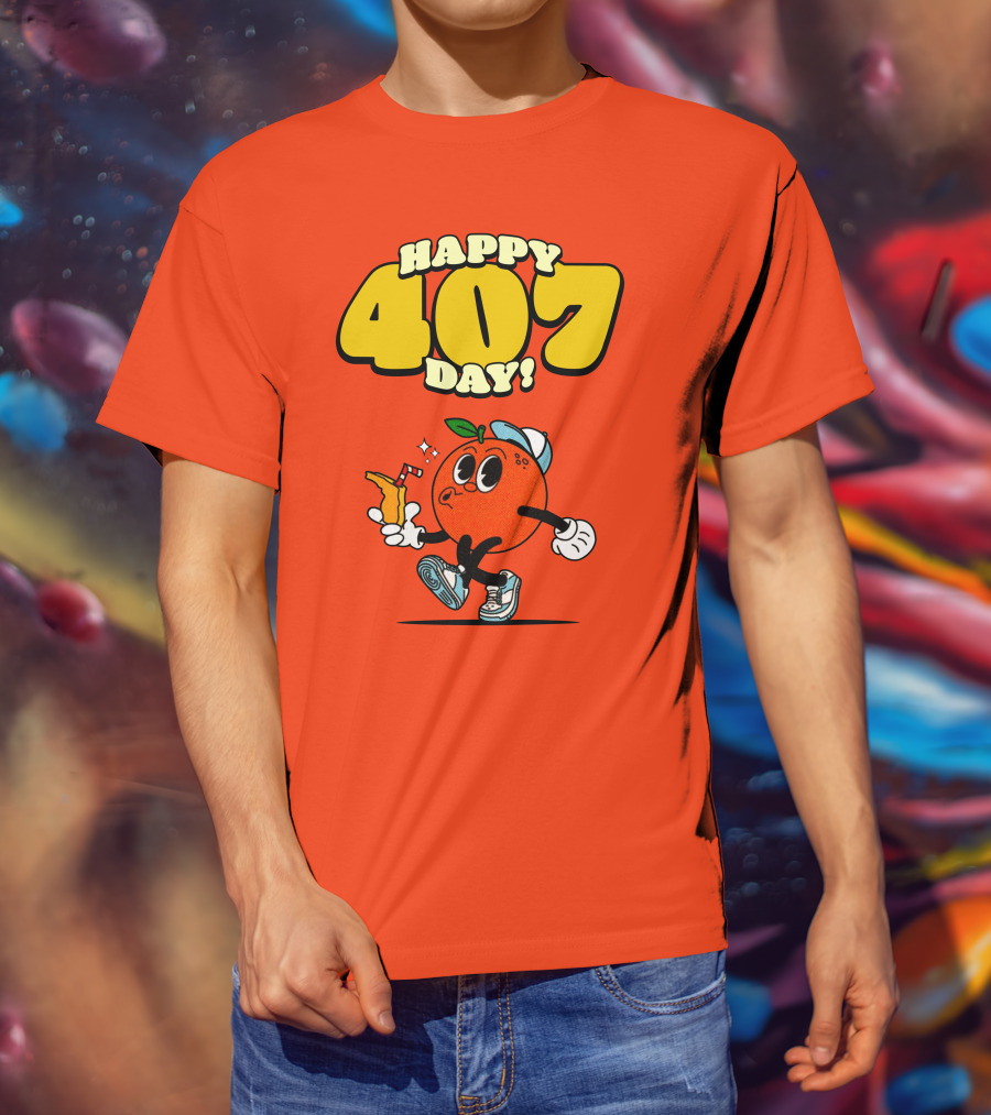 Happy 407 Day Orlando Orange Character With Drink And Sneakers T-Shirt