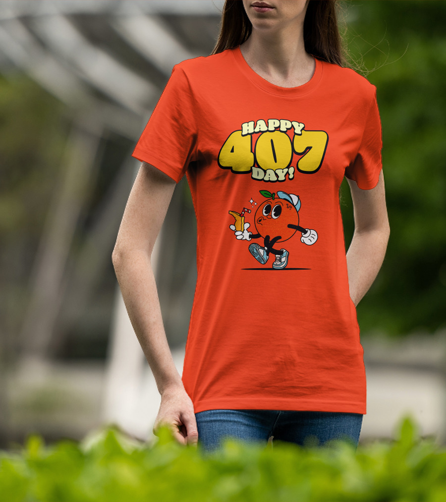 Happy 407 Day Orlando Orange Character With Drink And Sneakers T-Shirt