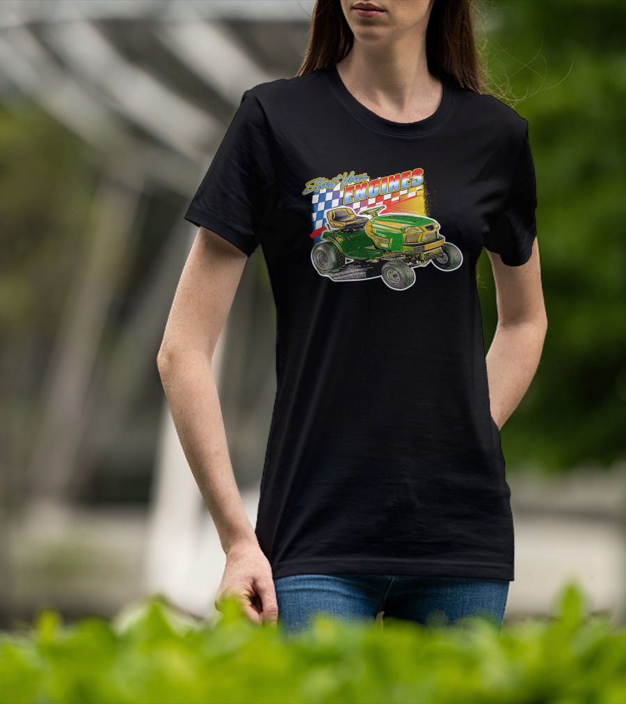 Start Your Engines Lawn Mower Racing With Checkered Flag T-Shirt