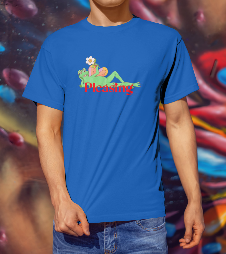 Pleasing Frog With Flower On Sky Blue Crewneck T-Shirt