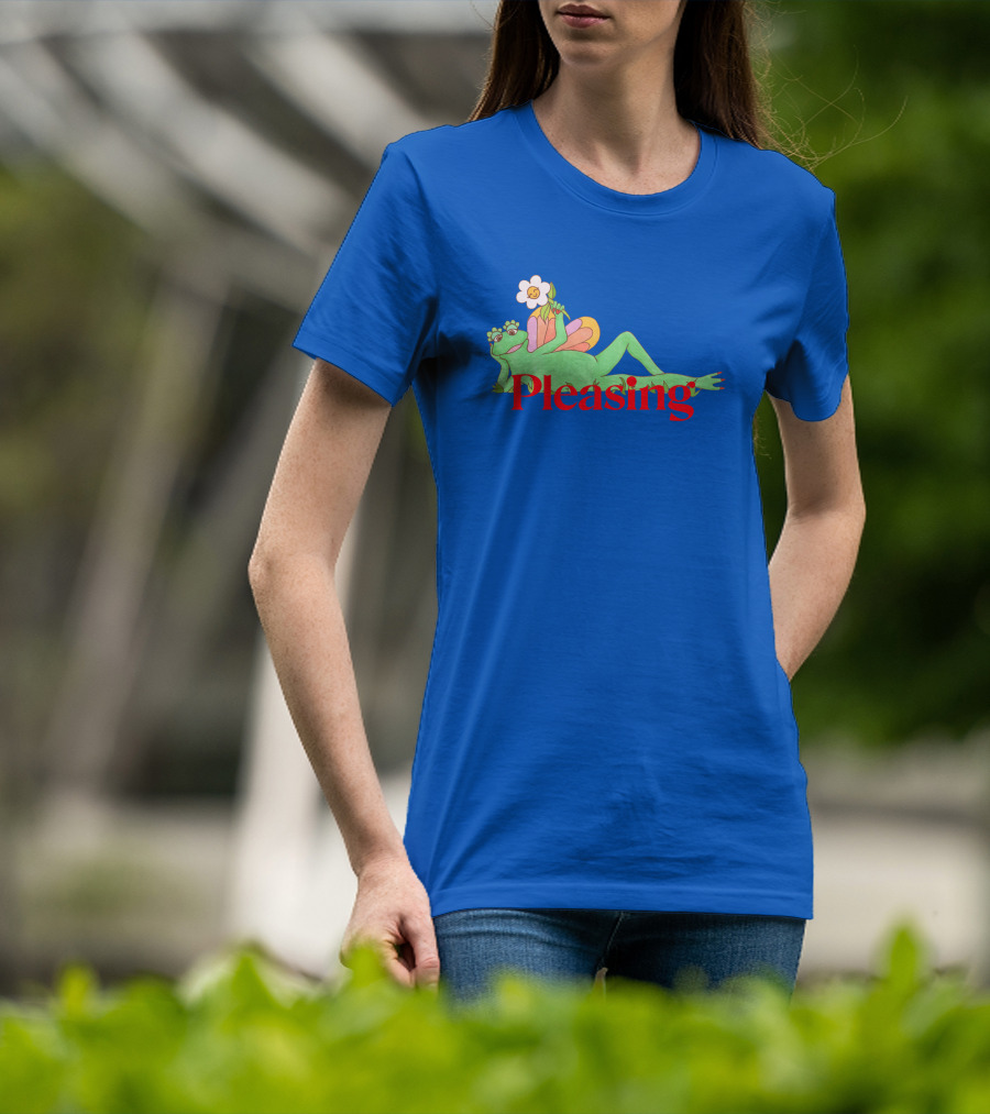 Pleasing Frog With Flower On Sky Blue Crewneck T-Shirt