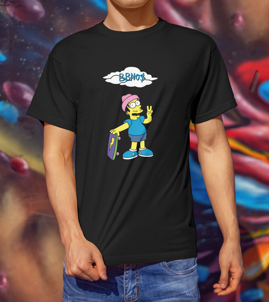 BBNO$ Cartoon Character With Skateboard And Peace Sign T-Shirt