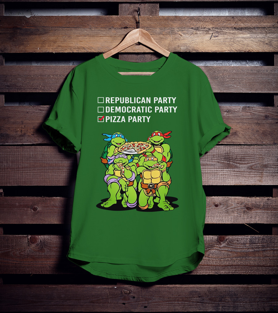 Pizza Party Checkmark With Four Ninja Turtles Carrying Pizza Under Republican Party Democratic Party Options T-Shirt