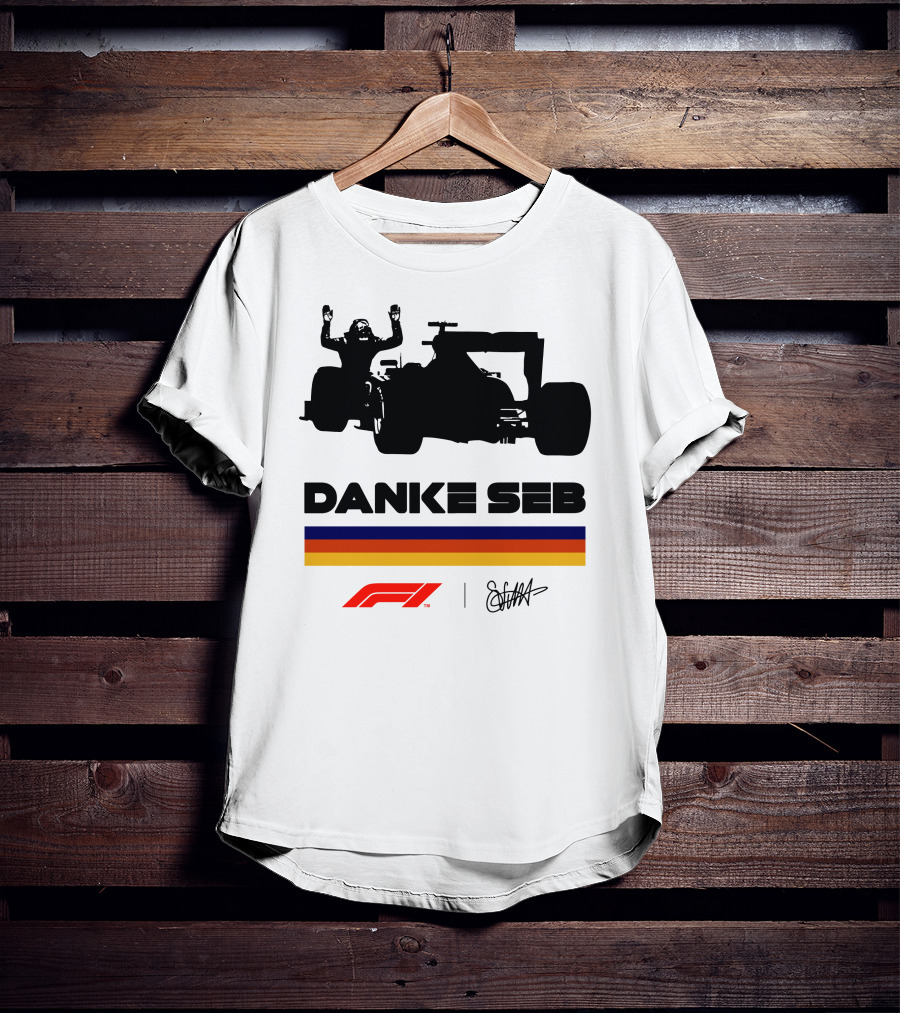 Formula 1 Danke Seb Vettel Silhouette With F1 Logo And Signature T-Shirt