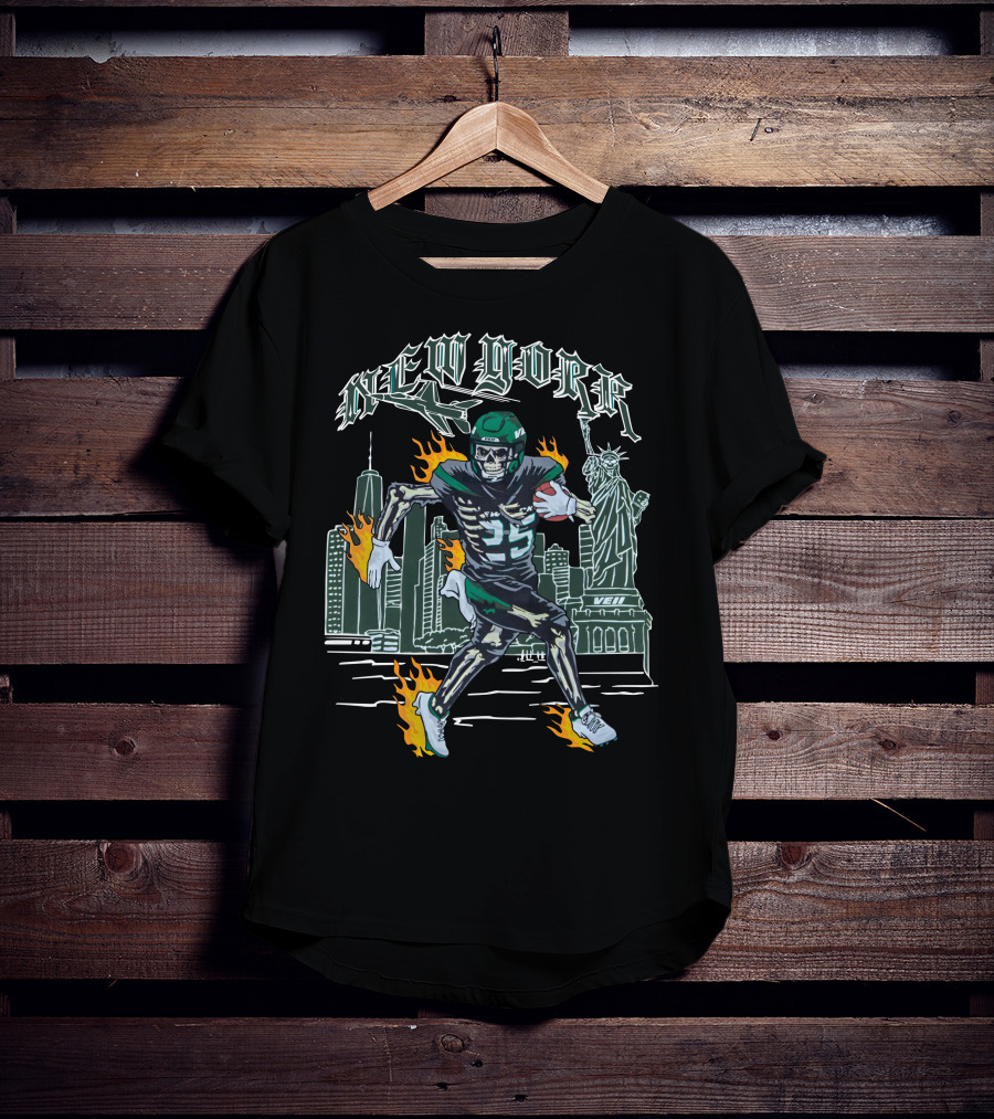 New York Jetpack QB Number 5 New York City Statue Of Liberty Skyline Fire Running T-Shirt