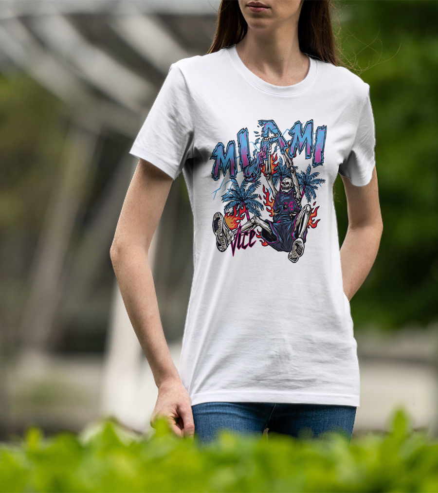 Sana Detroit Vice Miami Basketball Skeleton Dunking With Palm Trees And Flames T-Shirt