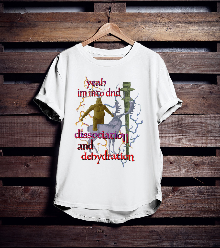 Yeah Im Into Dnd Dissociation And Dehydration Statue Riding Reindeer With Caduceus Staff And Lightning Background T-Shirt