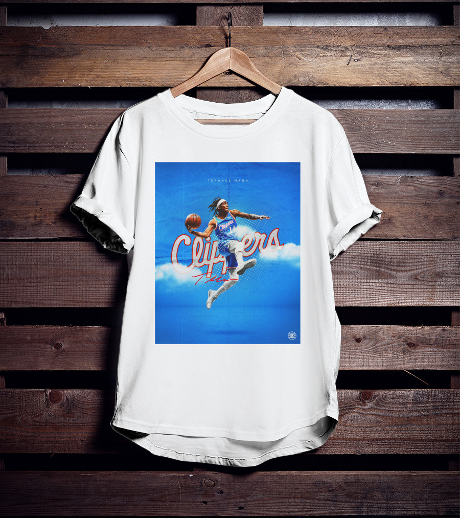 Terance Mann Clippers Basketball Motion Dribble Blue Clouds T-Shirt
